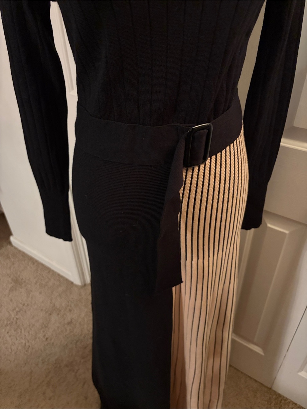 Black Long Sleeve Ribbed Knit Dress with Beige Pleated Side Panel - Picture 5 of 8
